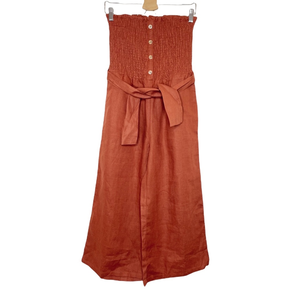 Faithfull the Brand Rust Orange Strapless Linen Wide Leg Lais Jumpsuit - 4